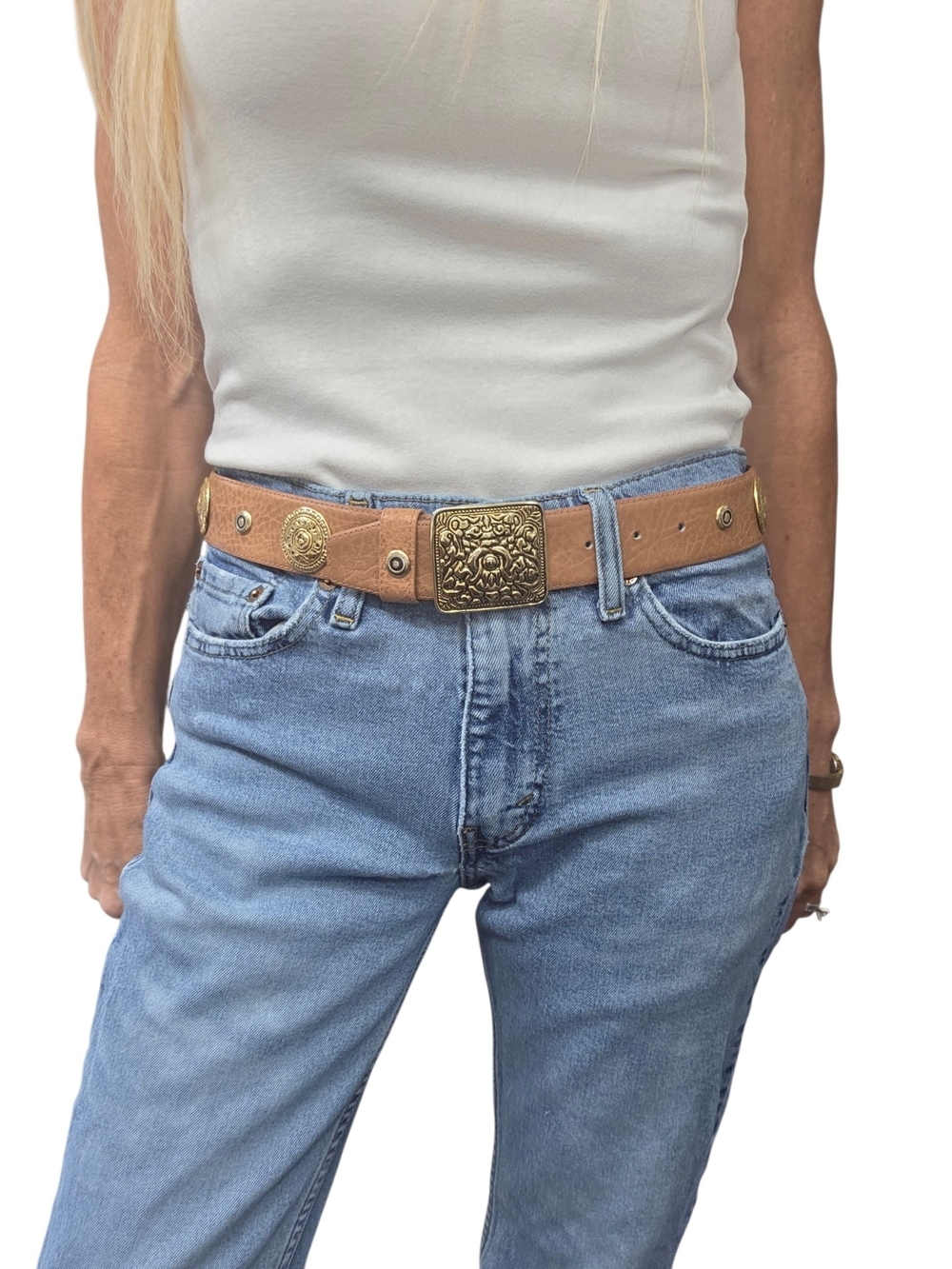 Vintage Jana Tan Leather Concho Belt Gold Medallion Medium